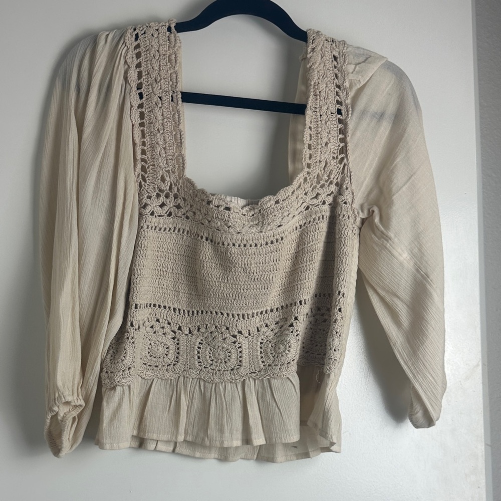 Cream Crochet Boho Women's Fairycore Blouse